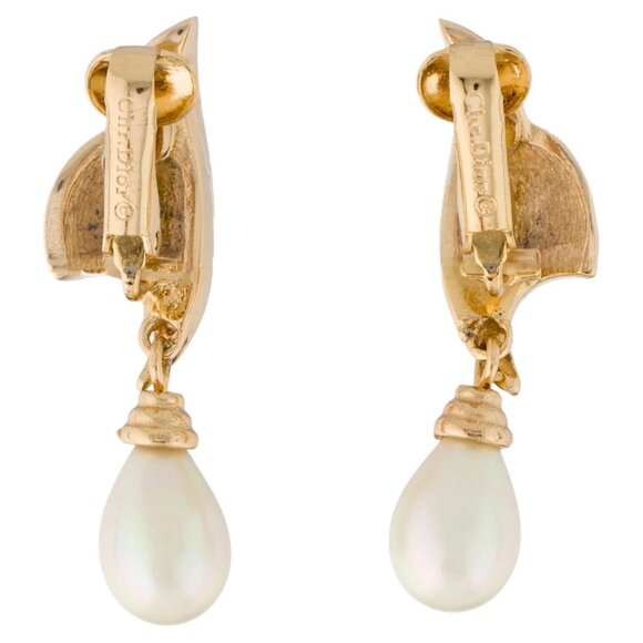 CHRISTIAN DIOR GOLDEN WINGS W/ CRYSTALS AND LONG TEARDROP FAUX PERL EARRINGS 30 - Picture 5 of 6